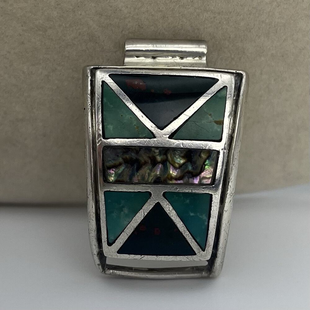 Sterling Silver 925 Mosaic Inlay Watch End Geometric Curved Native Style 18.69 g